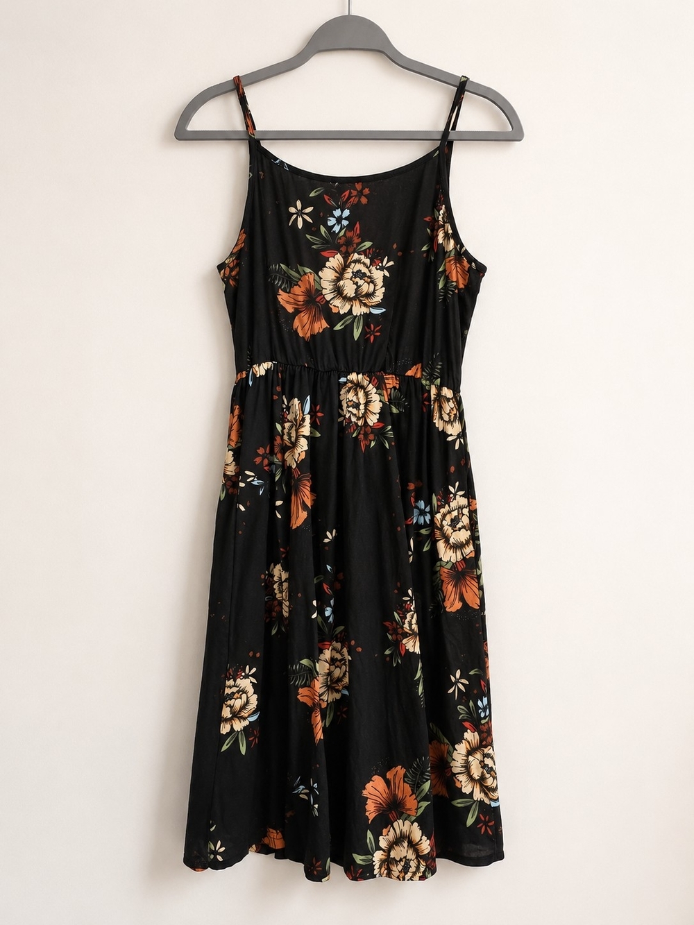 Floral Spaghetti Strap Midi Dress in Black with Orange Blooms
